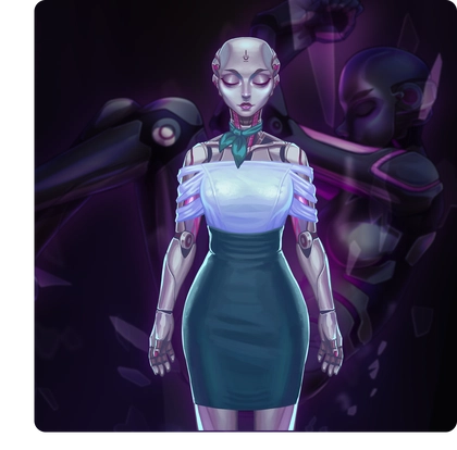 Futuristic humanoid robot in stylish dress, set against a dark, abstract background.